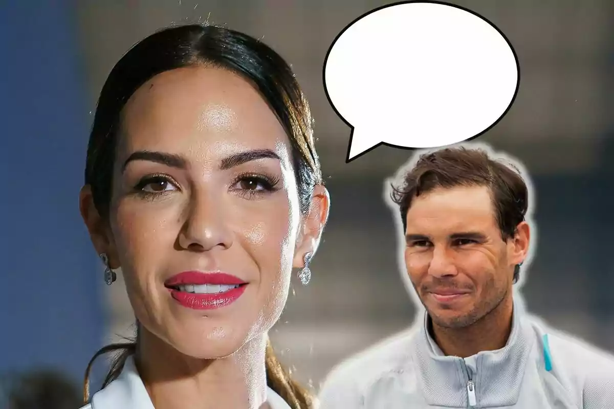 Tamara Gorro sonriente en primer plano con Rafa Nadal al fondo que tiene un globo de diálogo vacío.