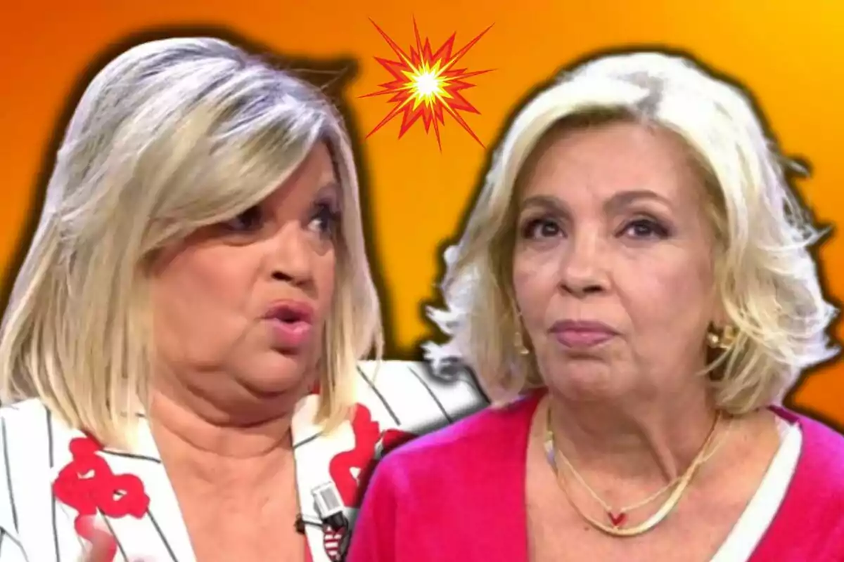 Carmen Borrego y Terelu Campos en un programa de televisión con un fondo naranja y un efecto de explosión.
