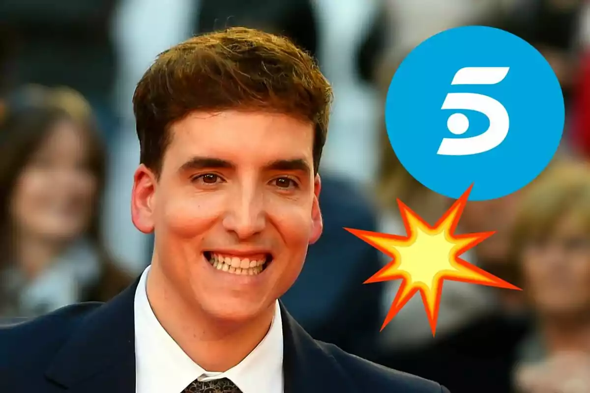 Xuso Jones sonriendo con el logotipo de Telecinco y un gráfico de explosión amarilla en la esquina superior derecha.