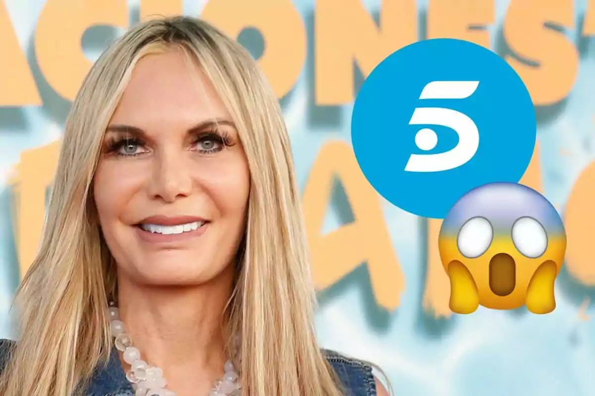 Yola Berrocal sonriendo con un fondo de letras amarillas y un logo de Telecinco, junto a un emoji de cara sorprendida.