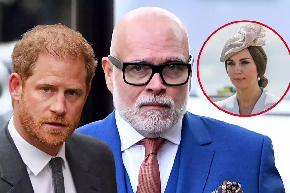 Montaje del príncipe Enrique serio con un traje negro, Gary Goldsmith serio con traje azul y corbata roja y Kate Middleton seria con un tocado beige