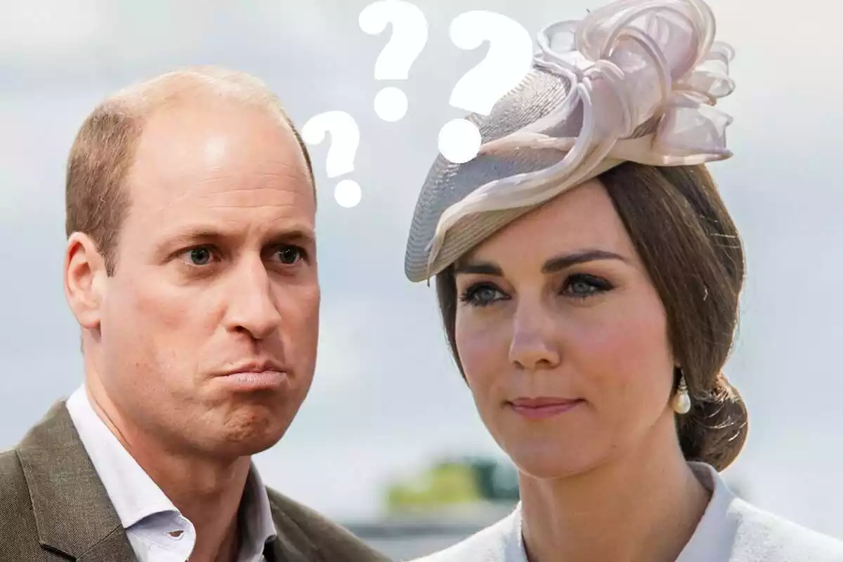 Montaje del príncipe Guillermo con cara apenada, Kate Middleton seria con un tocado blanco y unos interrogantes blancos