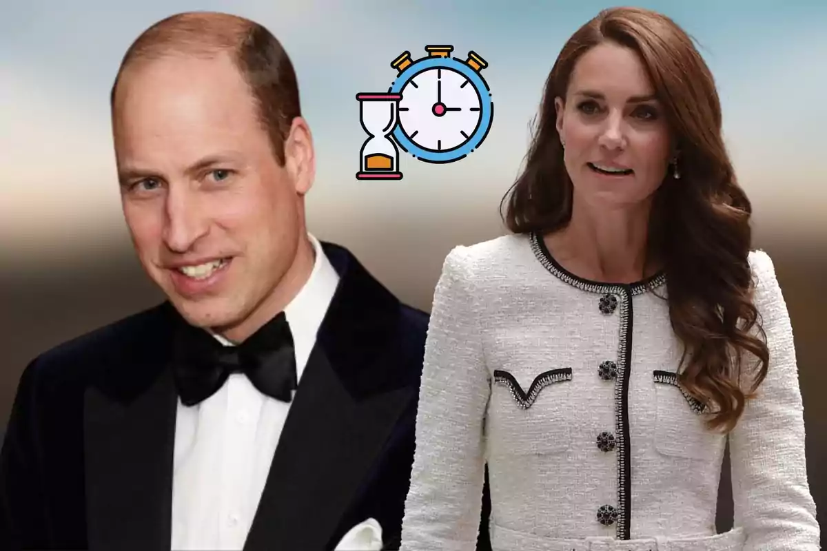 El príncipe Guillermo con esmoquin y Kate Middleton con un vestido blanco posan juntos, con un reloj de arena y un cronómetro dibujados en el fondo.