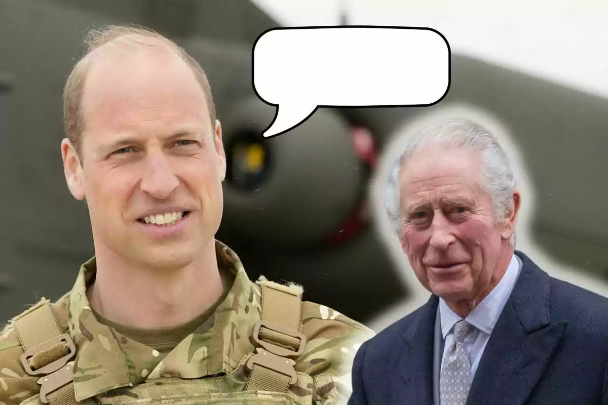 El príncipe Guillermo y Carlos III, uno con uniforme militar y otro con traje, están de pie frente a un avión. Hay un globo de diálogo vacío sobre ellos.