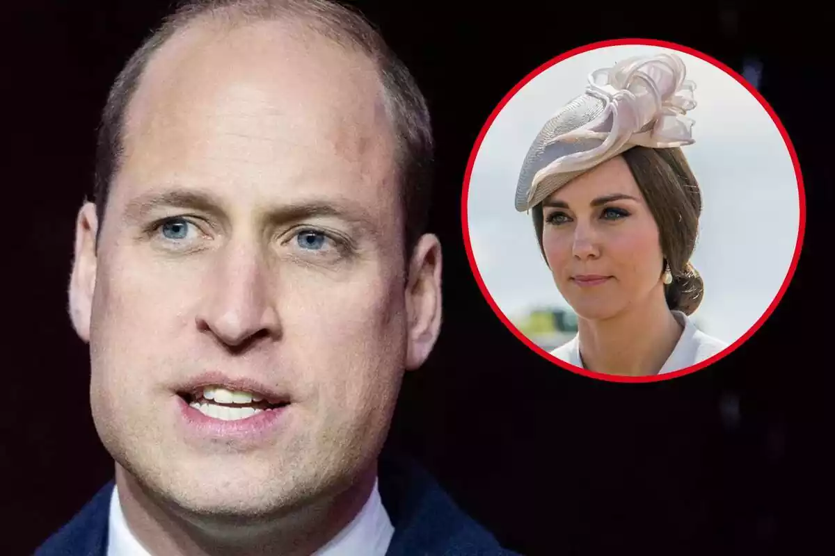 Montaje con un primer plano del príncipe Guillermo serio y Kate Middleton seria con un tocado blanco