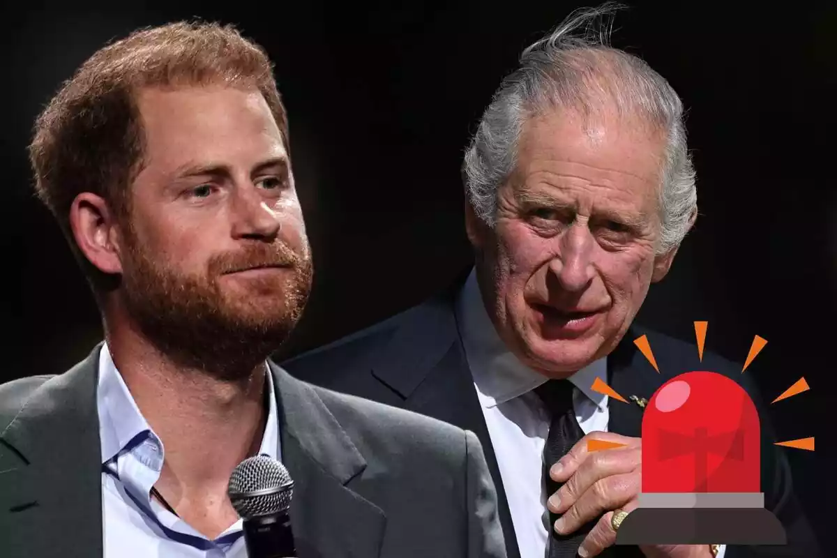 Montaje con el príncipe Harry con un micrófono, el rey Carlos III serio y una alarma roja