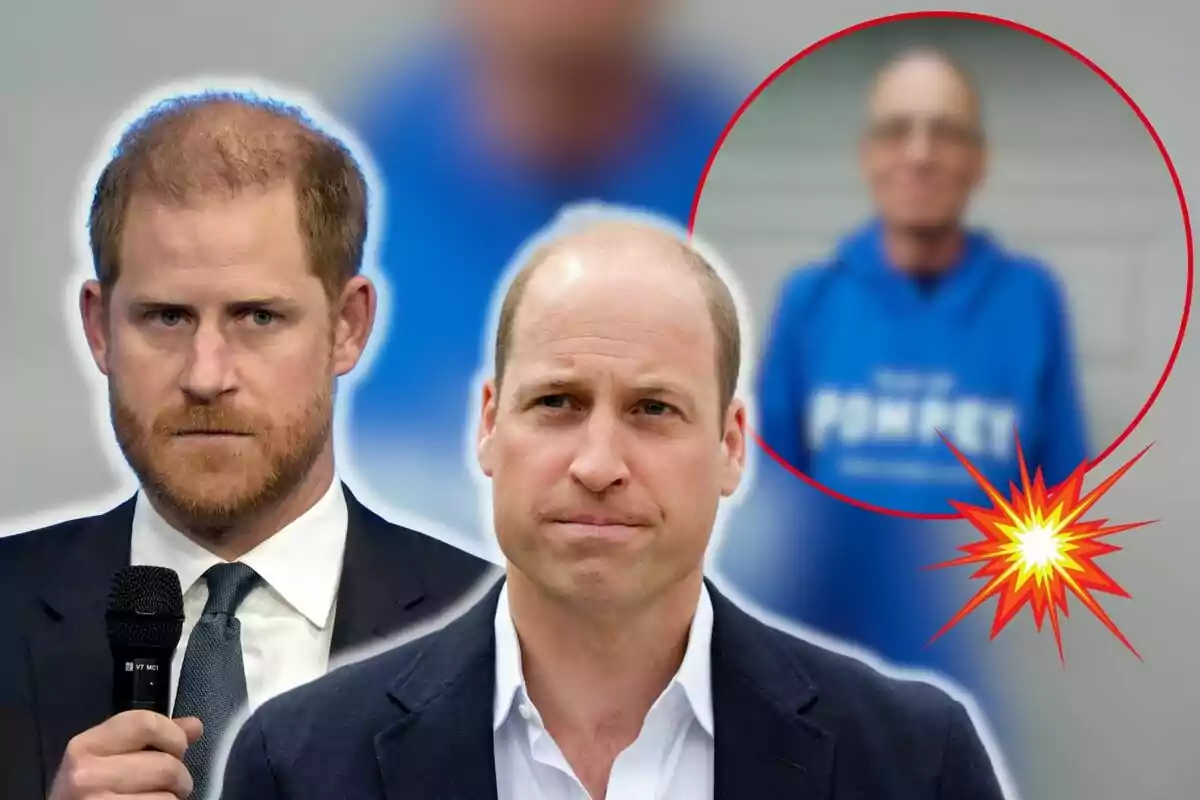 El príncipe Harry y el príncipe Guillermo en traje con expresión seria, uno sosteniendo un micrófono, y una figura borrosa en un círculo rojo al fondo.