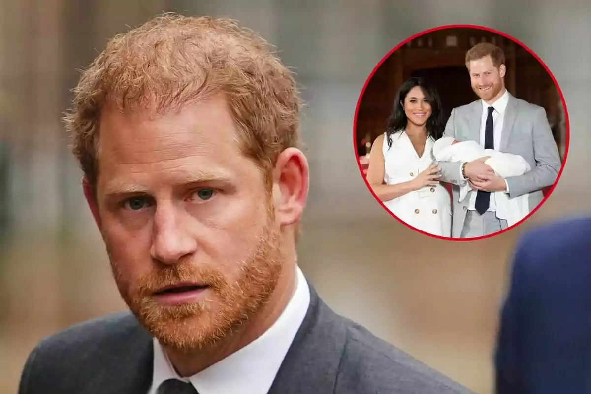 El príncipe Harry con barba pelirroja y traje oscuro aparece en primer plano, mientras que en un círculo rojo en la esquina superior derecha se muestra a él y Meghan Markle con un bebé.