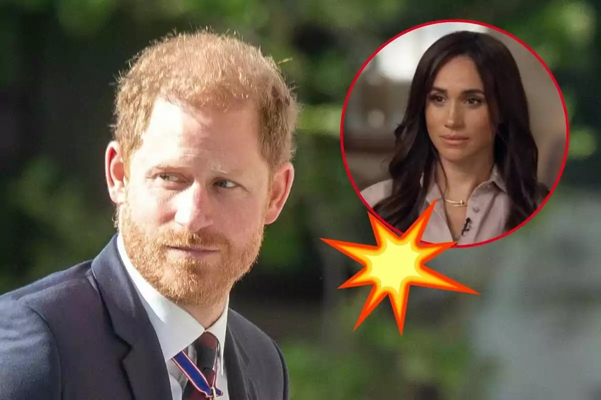 El príncipe Harry con barba pelirroja y traje oscuro mira hacia un lado, mientras que en la esquina superior derecha hay un círculo con la imagen de Meghan Markle de cabello oscuro y expresión seria, destacada con un efecto de explosión amarilla.