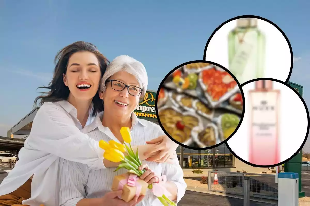 Montaje de una hija y su madre abrazándose con flores sonriendo con un supermercado "Bonpreu" de fondo y tres imágenes de productos del supermercado borrosos al lado