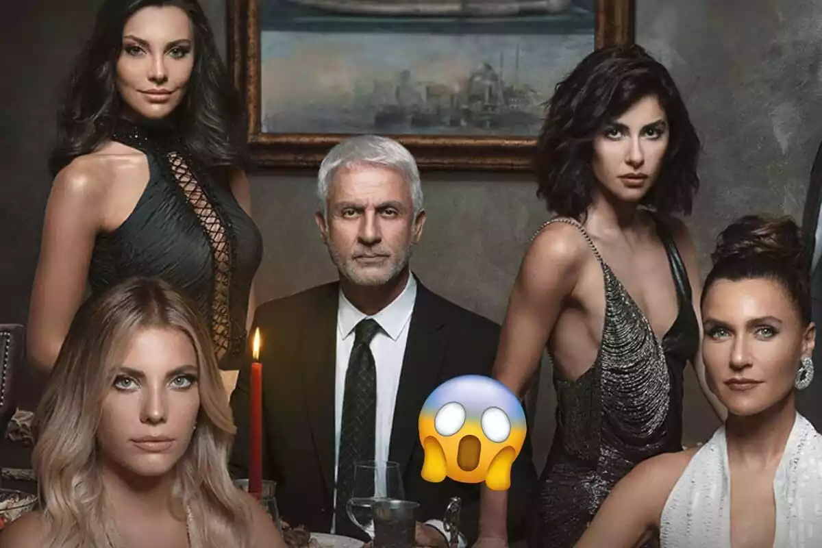 Montaje con los protagonistas de la serie "Pecado Original" en una imagen promocional mirando en serio a cámara y un emoji de sorpresa