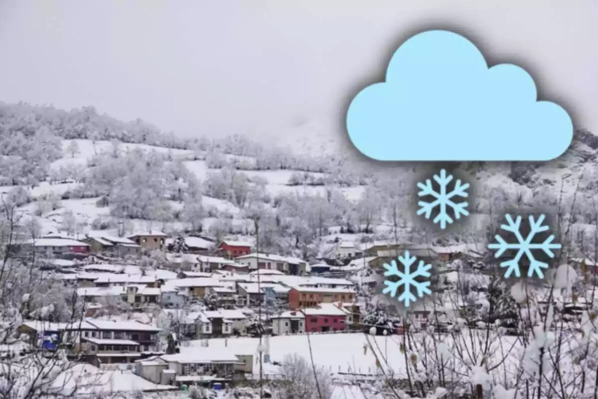 Montaje con un paisaje de un pueblo nevado y un emoji de una nube azul con tres copos de nieve