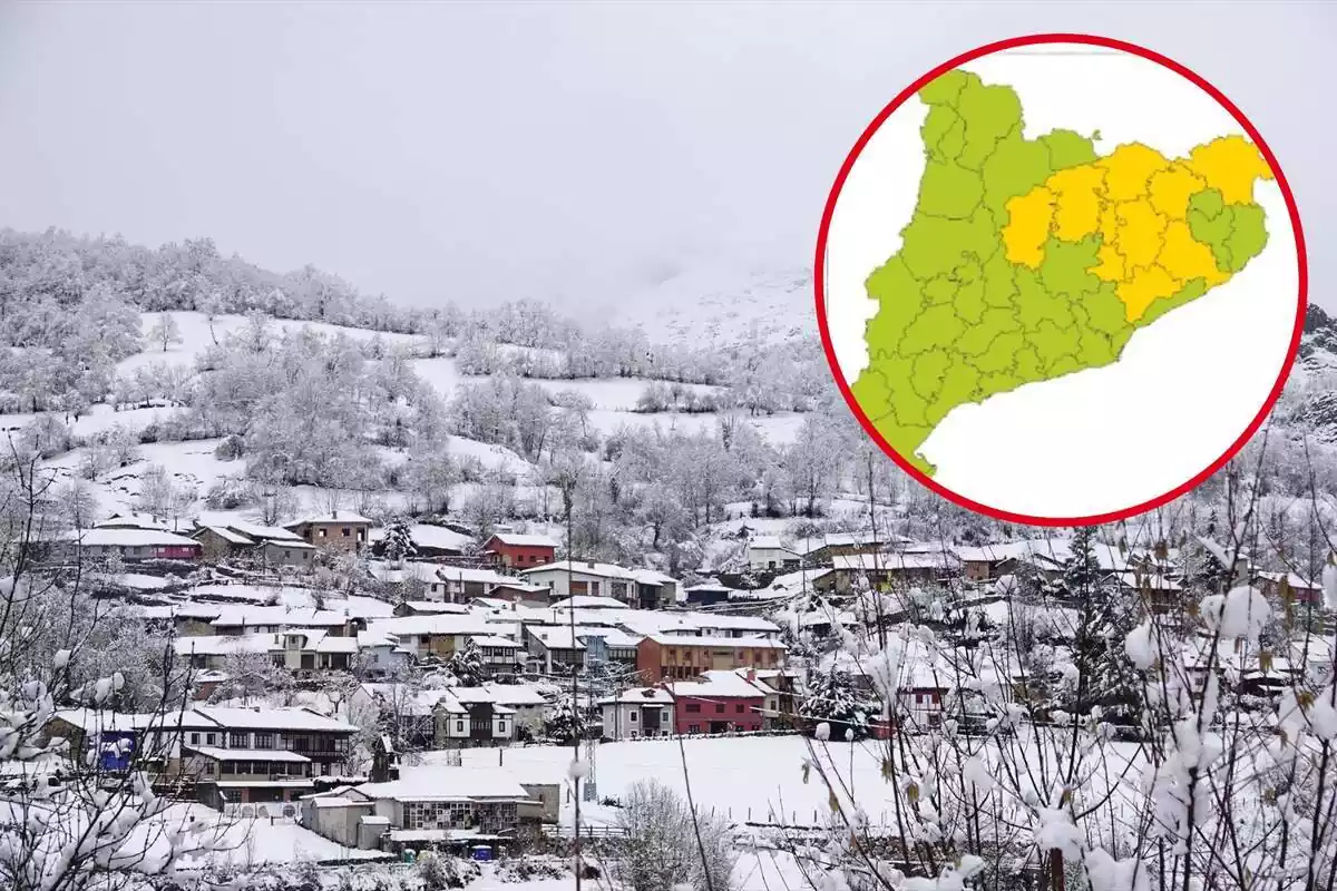 Montaje de un pueblo nevado y un mapa de Meteocat