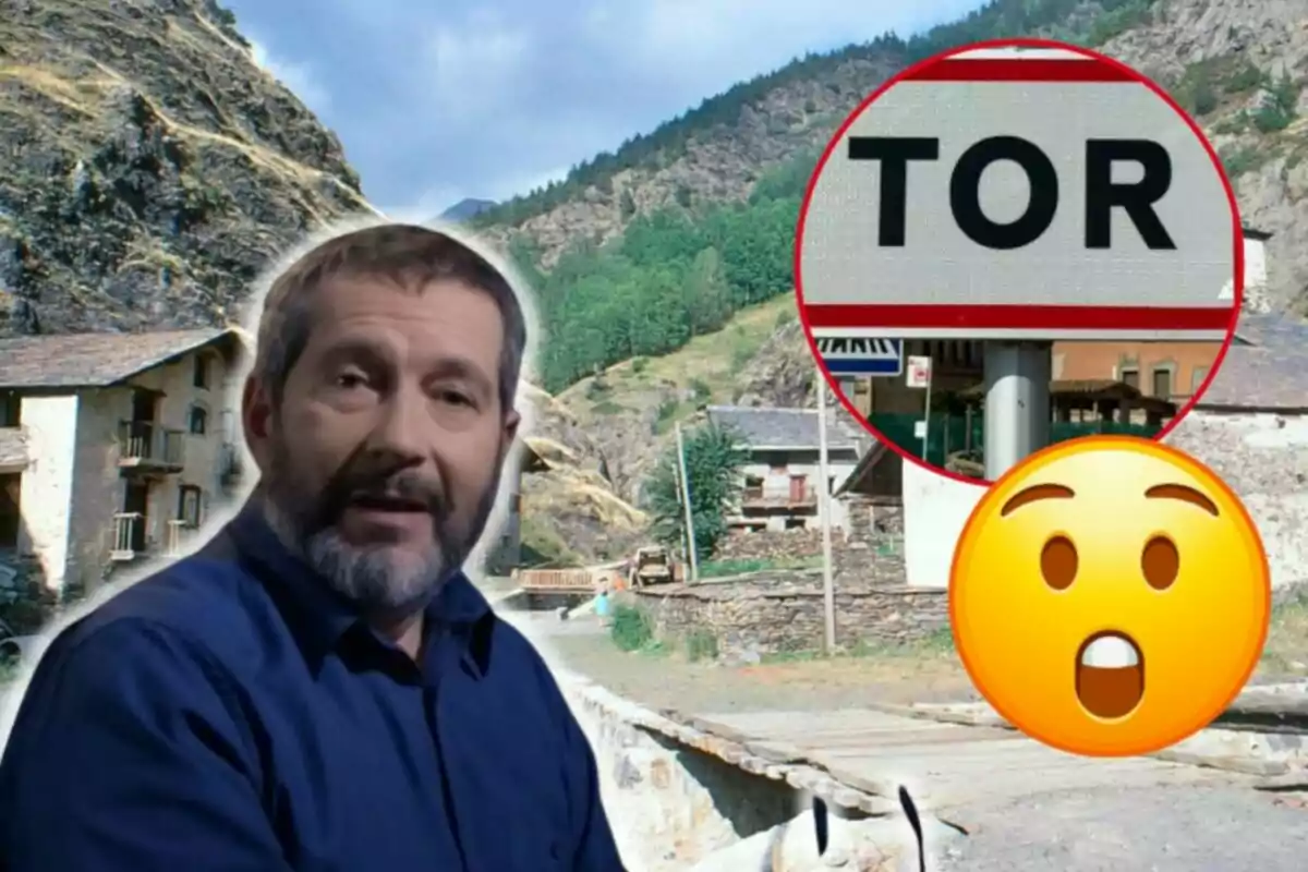 Carles Porta con barba y camisa azul aparece en primer plano, mientras que en el fondo se ve un paisaje montañoso con casas y un puente; además, hay un letrero que dice "TOR" y un emoji de cara sorprendida.