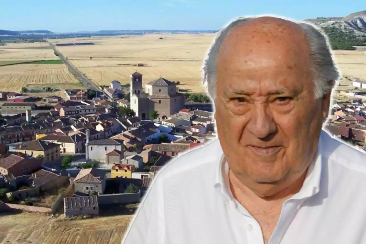 Montaje con una imagen de vista aérea del pueblo Valoria la Buena, en Valladolid, y el rostro del empresario Amancio Ortega con una camisa blanca