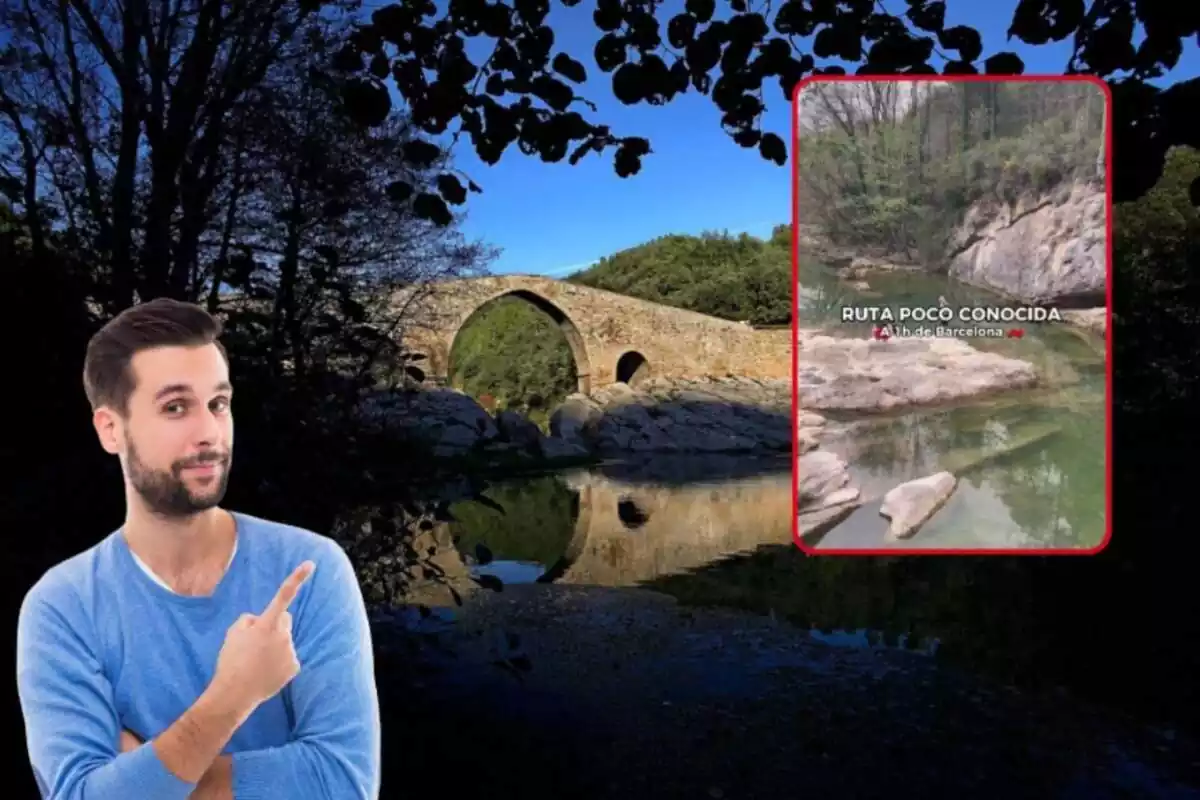 Montaje de un puente con agua debajo y rocas, un chico señalando con un jersey azul y portada de un vídeo de Instagram con un río