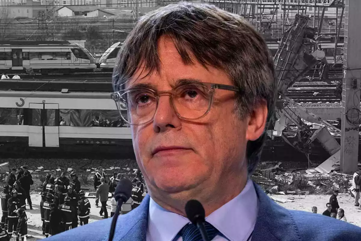 Montaje de Puigdemont con el atentado del 11m de fondo