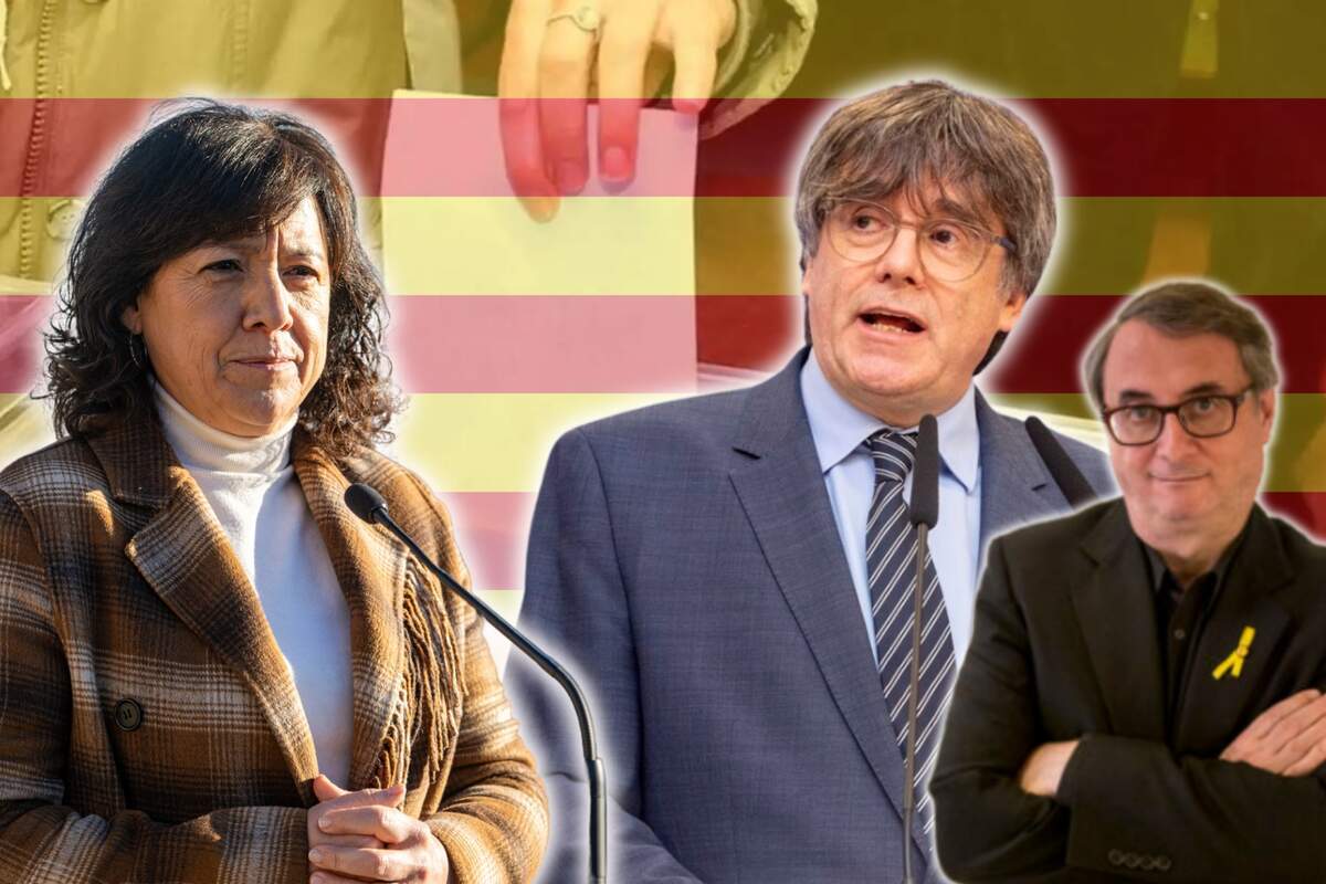 Montaje de Anna Erra, Carles Puigdemont y Vicent Partal con una urna y lla bandera de Cataluña