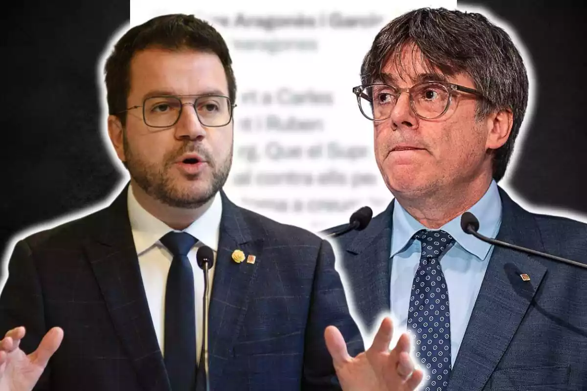 Montaje de Pere Aragonès y Carles Puigdemont con un tuit detrás