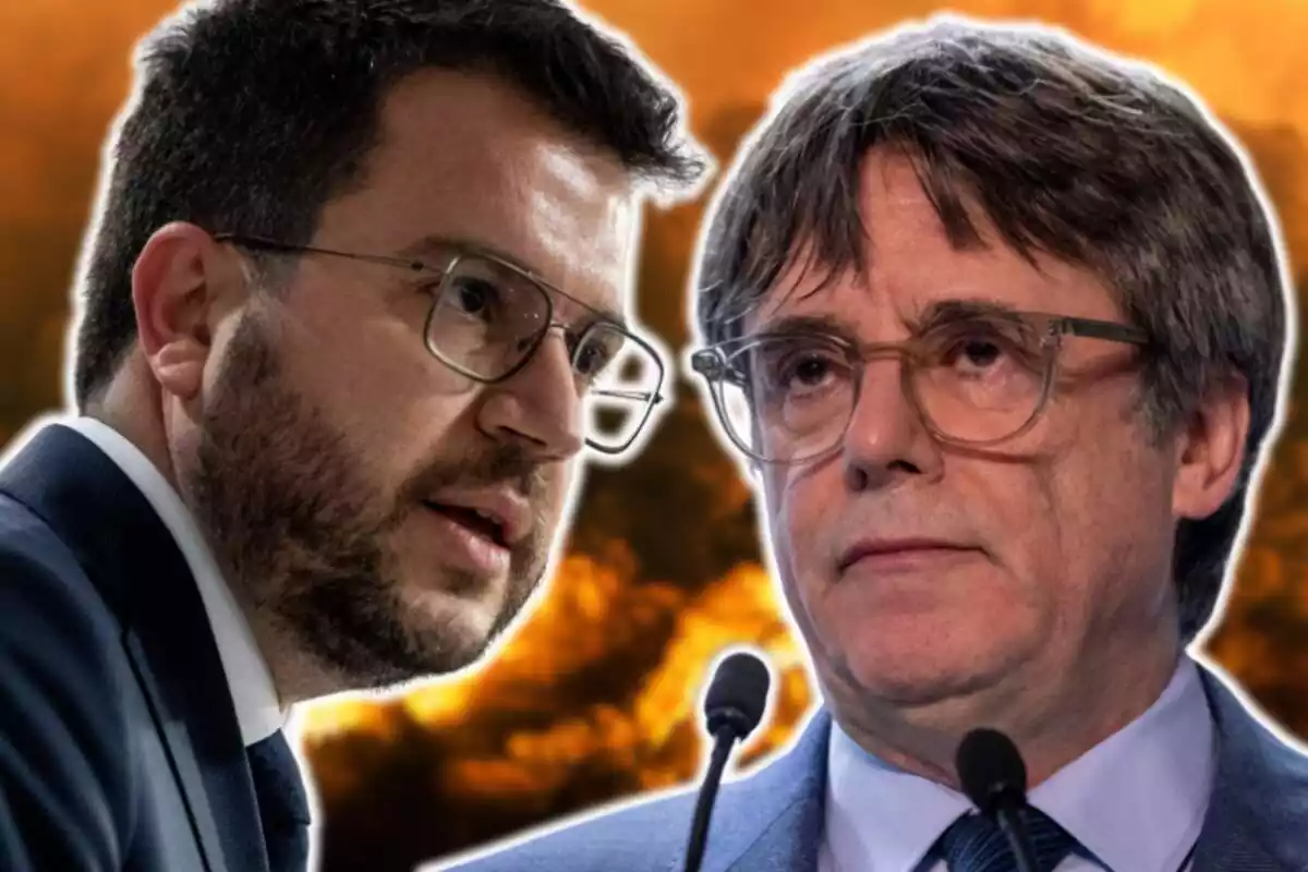 Montaje de Puigdemont i Aragonès con una explosión de fondo