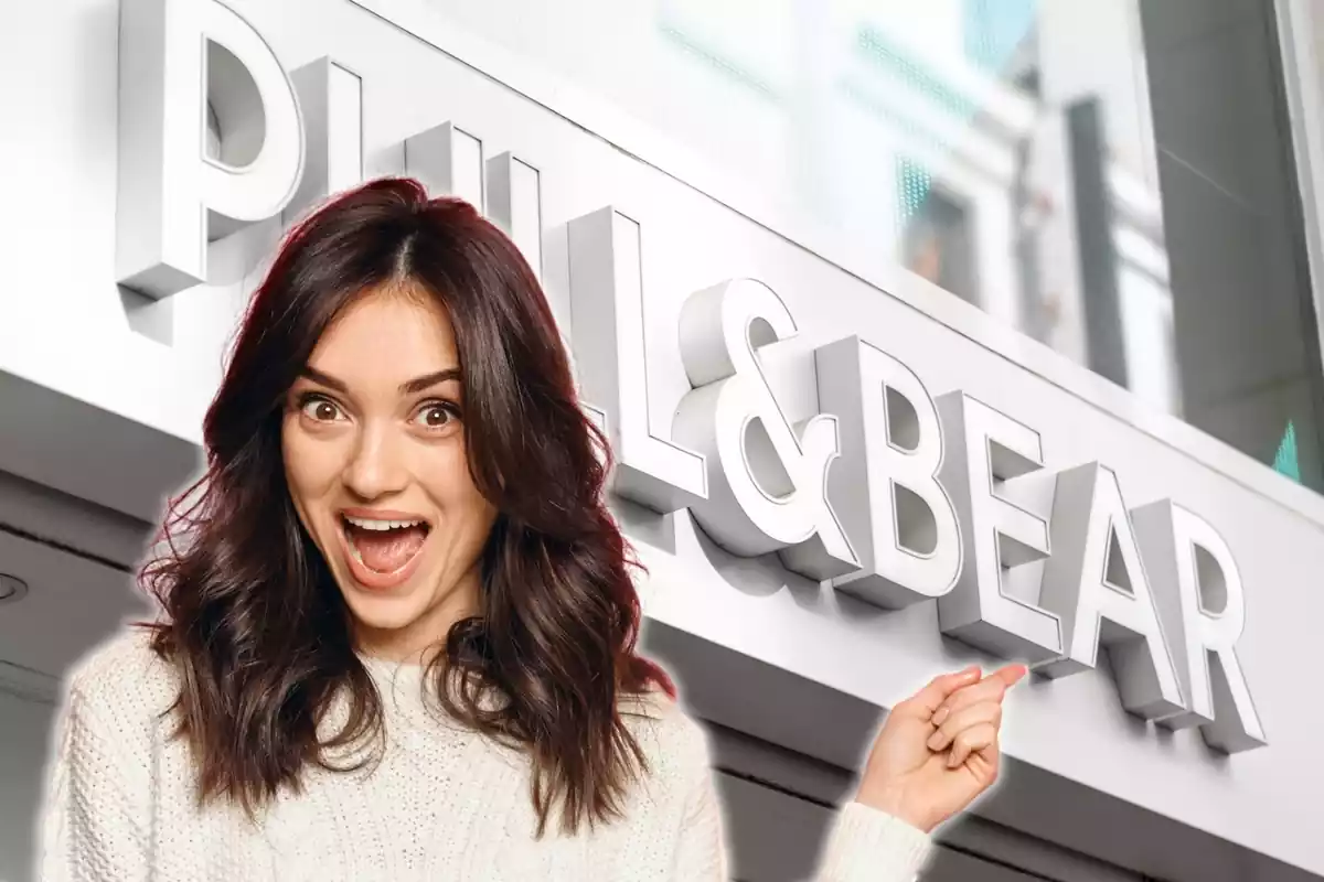 Montaje con el logo de Pull&Bear en el exterior de una de sus tiendas y una mujer con cara de sorprendida