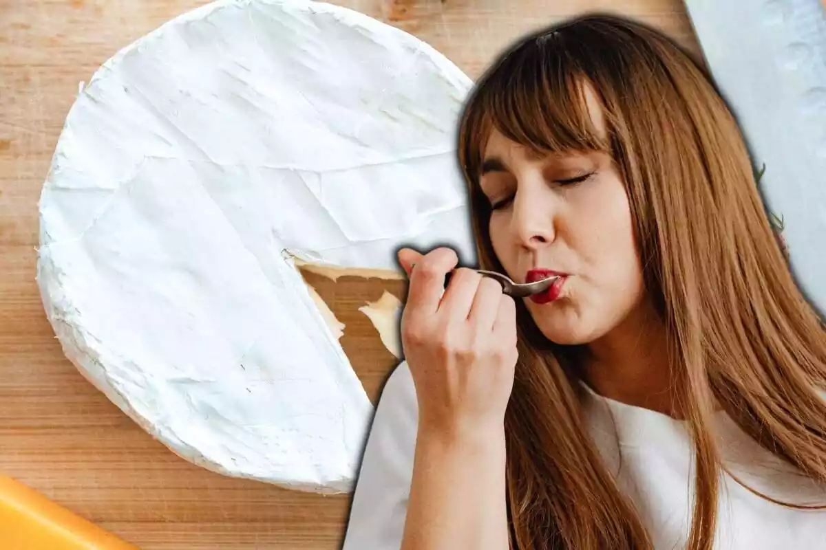 Montaje de una imagen de queso fresco y de una chica comiendo