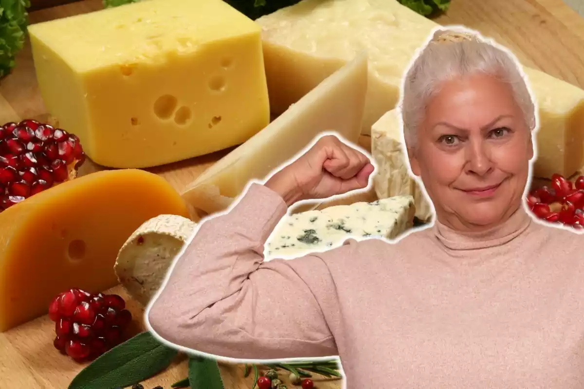 Montaje con varios quesos encima de una mesa y una mujer mayor haciendo un gesto de fuerza con el brazo