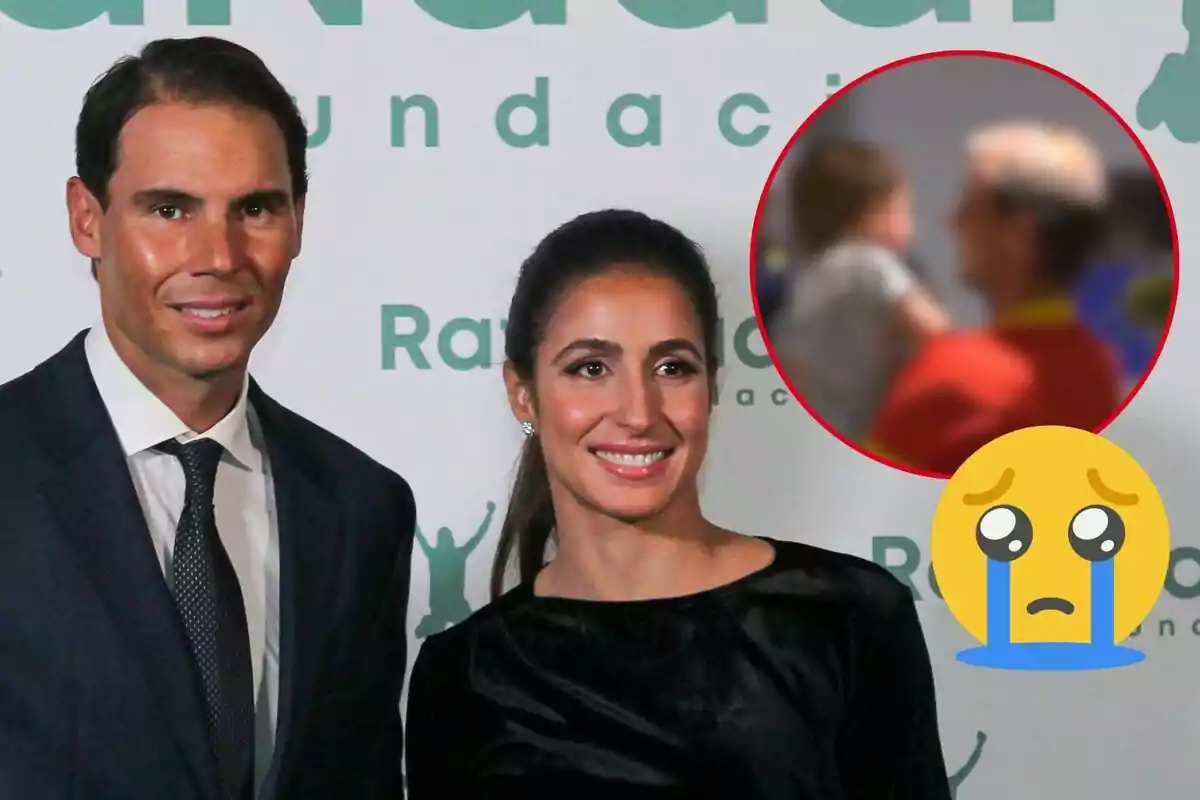 Rafa Nadal y Xisca Perelló sonriente posa frente a un fondo con logotipos, mientras en un círculo rojo se muestra una imagen borrosa de Rafa sosteniendo a su hijo y un emoji llorando.