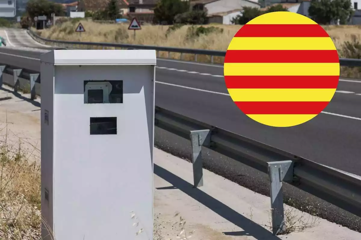 Montaje con un radar de carretera y la bandera de Cataluña