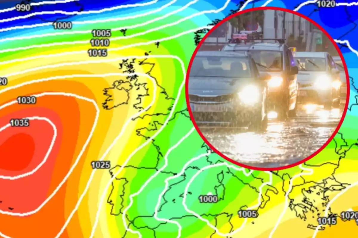 Montaje con un mapa radar de temperaturas y un círculo con varios coches circulando en pleno temporal de lluvia