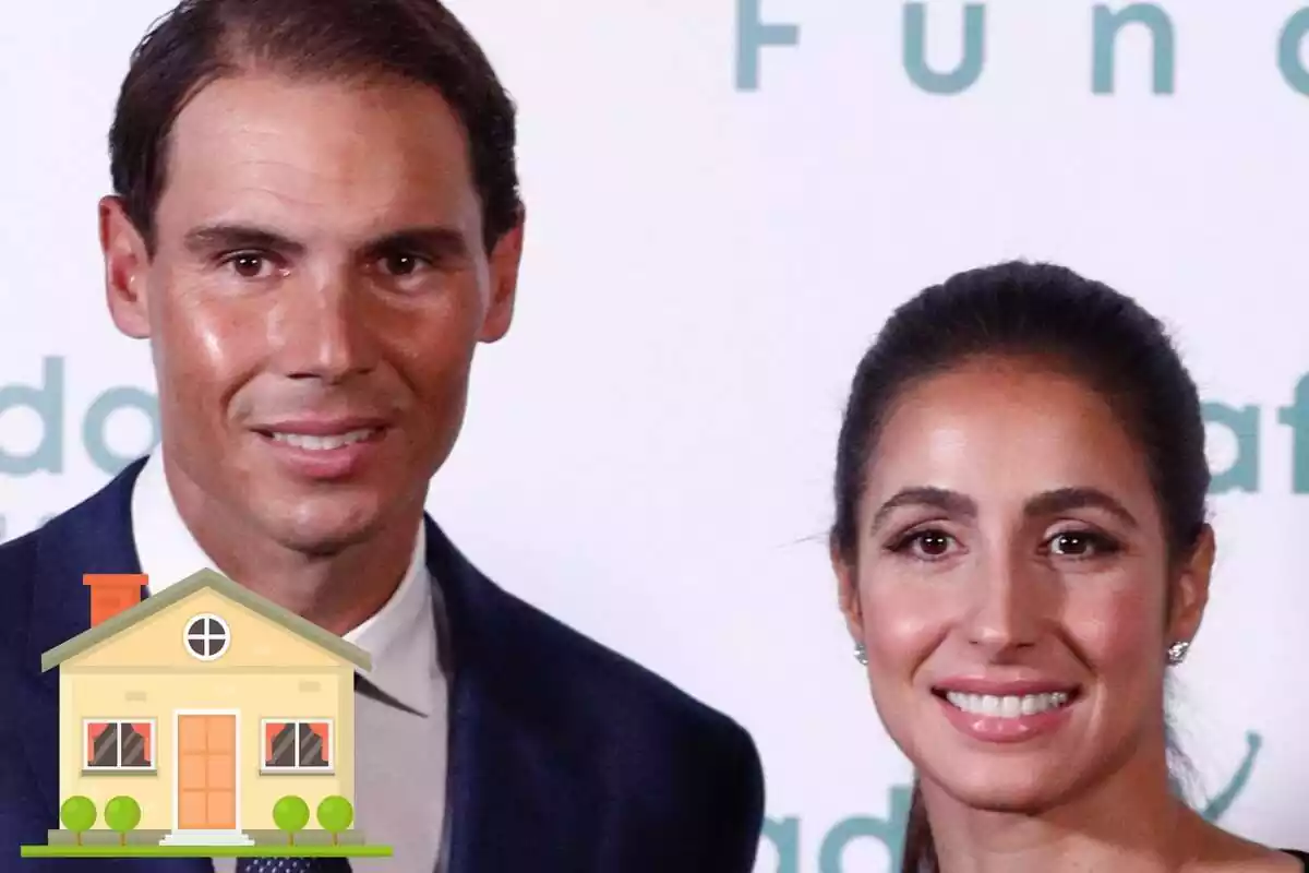 Montaje de Rafa Nadal con traje azul junto a Xisca Perelló con el pelo recogido sonriendo y una casa