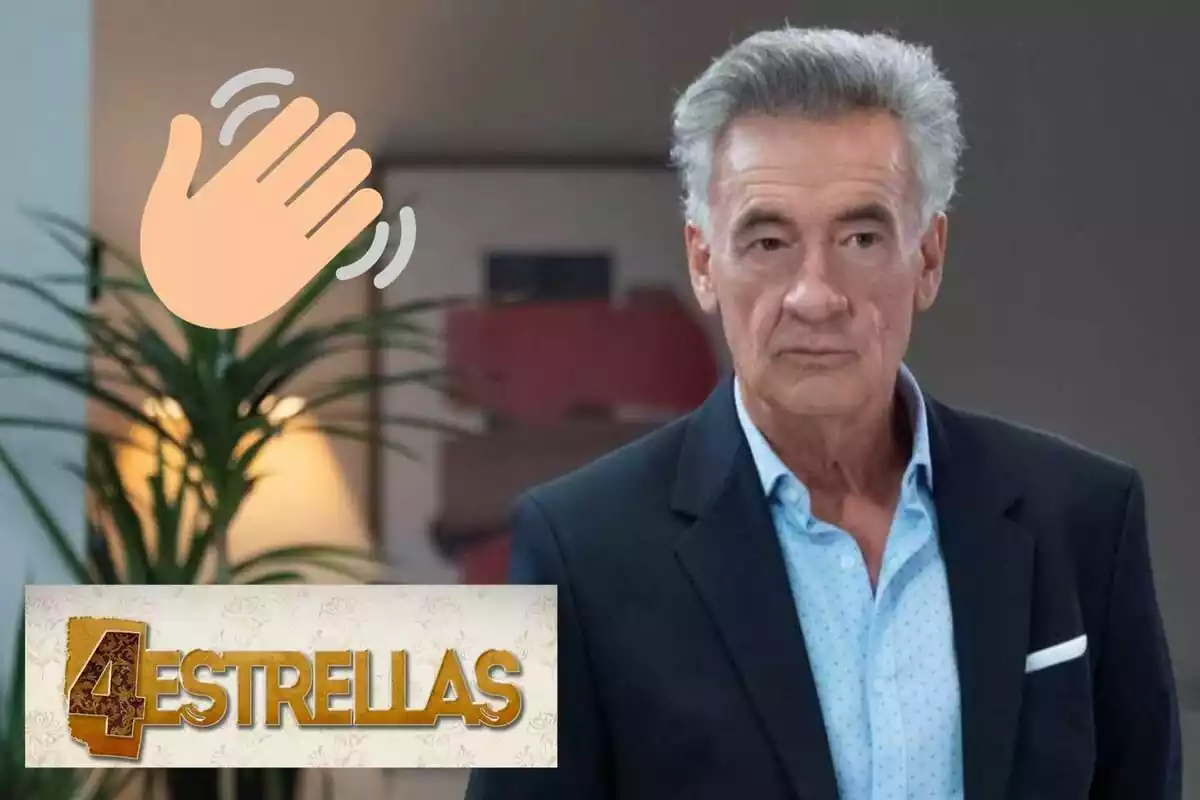 Montaje de el personajes de Rafael en '4 estrellas' serio, el logo de la serie y una mano diciendo adiós