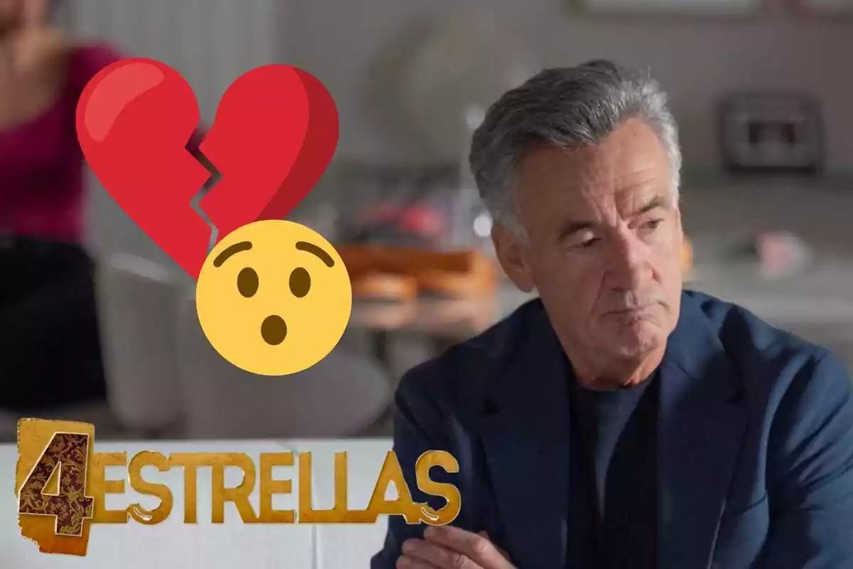 Montaje con Rafael de '4 estrellas' mirando a un lado serio, el logo de la serie, un corazón roto y un emoji de sorpresa