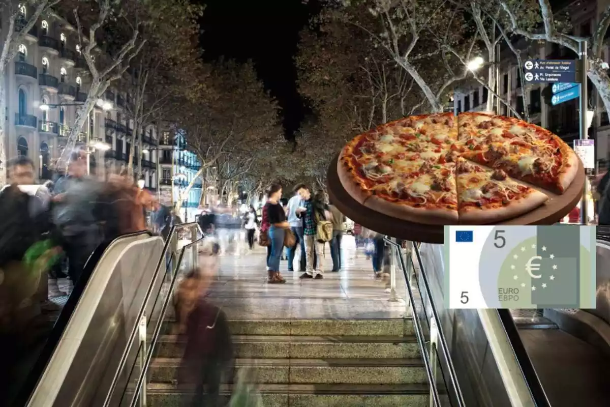 Montaje con la rambla de Barcelona de noche, una pizza cortada y un billete de 5 euros