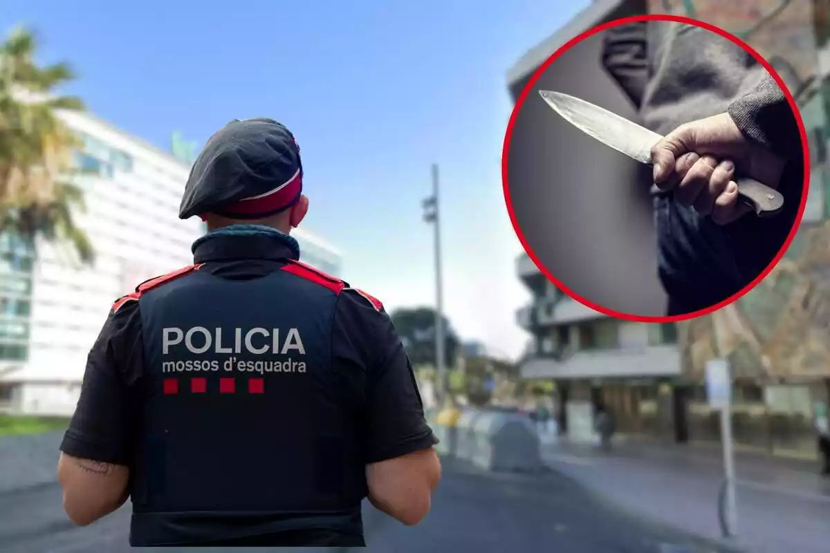 Montaje de agente de Mossos d'Esquadra en rambla Francesc Macià de Tarragona desenfocada y círculo con mano agarrando cuchillo tras la espalda.