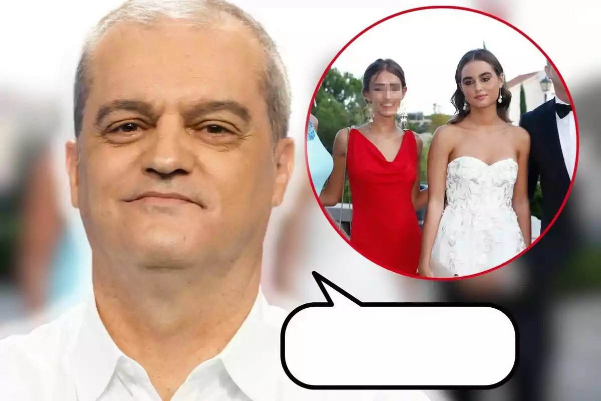 Ramón García con camisa blanca aparece en primer plano, mientras que en un círculo al fondo se ven a sus hijas vestidas de gala, una con un vestido rojo y otra con un vestido blanco.