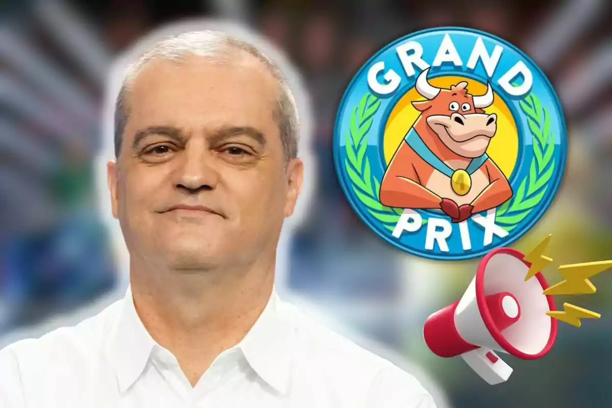 Ramón García con camisa blanca aparece frente a un fondo que muestra un logotipo colorido con un toro sonriente y las palabras "Grand Prix" junto a un megáfono con rayos amarillos.