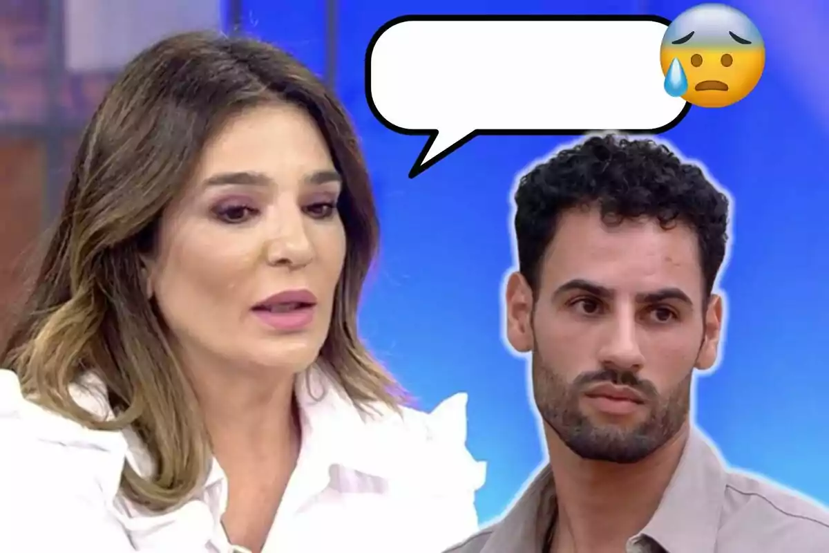 Raquel Bollo y Asraf Beno en un programa de televisión con un globo de diálogo vacío y un emoji preocupado.