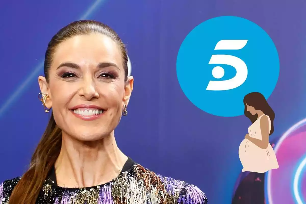 Montaje de primer plano de Raquel Sánchez Silva sonriendo con el pelo recogido y ropa de colores, el logo de Telecinco y una embarazada