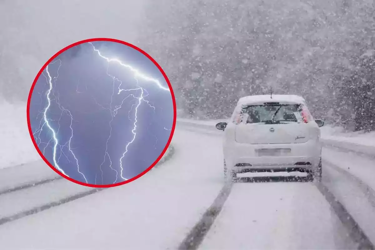 Montaje con un coche atravesando una nevada y unos rayos en una tormenta