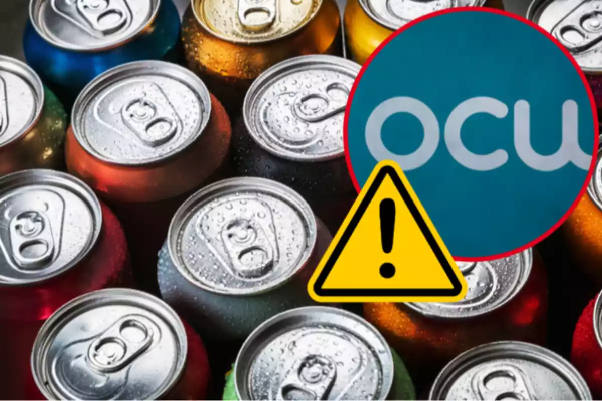 Montaje con varias latas de refresco, un círculo con el logo de la OCU y una señal amarilla de advertencia con un signo de exclamación