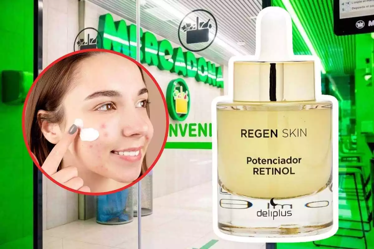 Montaje de la entrada de Mercadona junto a una imagen de una chica poniéndose crema en la cara y la crema Regen Skin de Deliplus