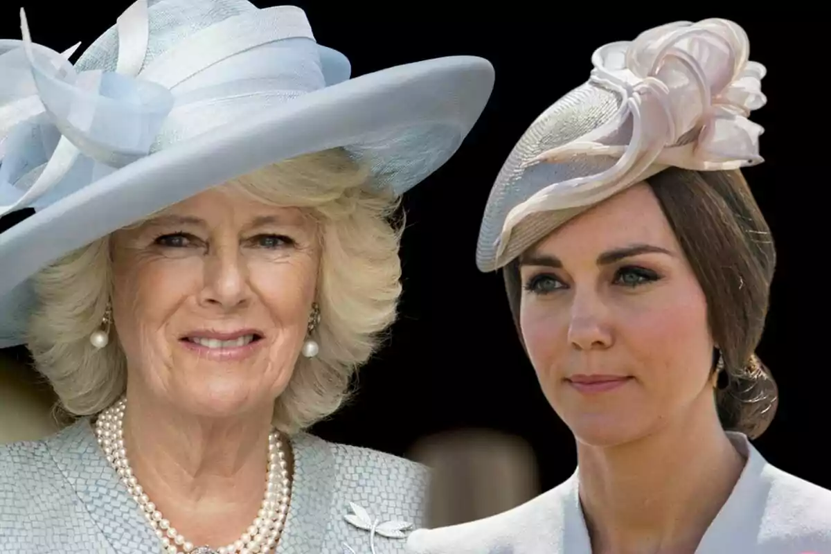 Camila Parker y Kate Middleton con sombreros elegantes posan juntas.