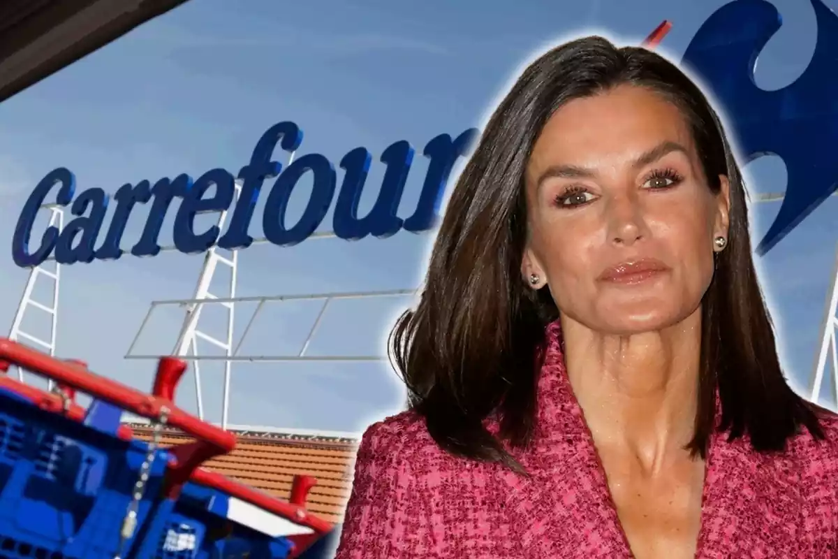 Montaje con el logo de Carrefour en el exterior de una de sus tiendas y el rostro de la reina Letizia