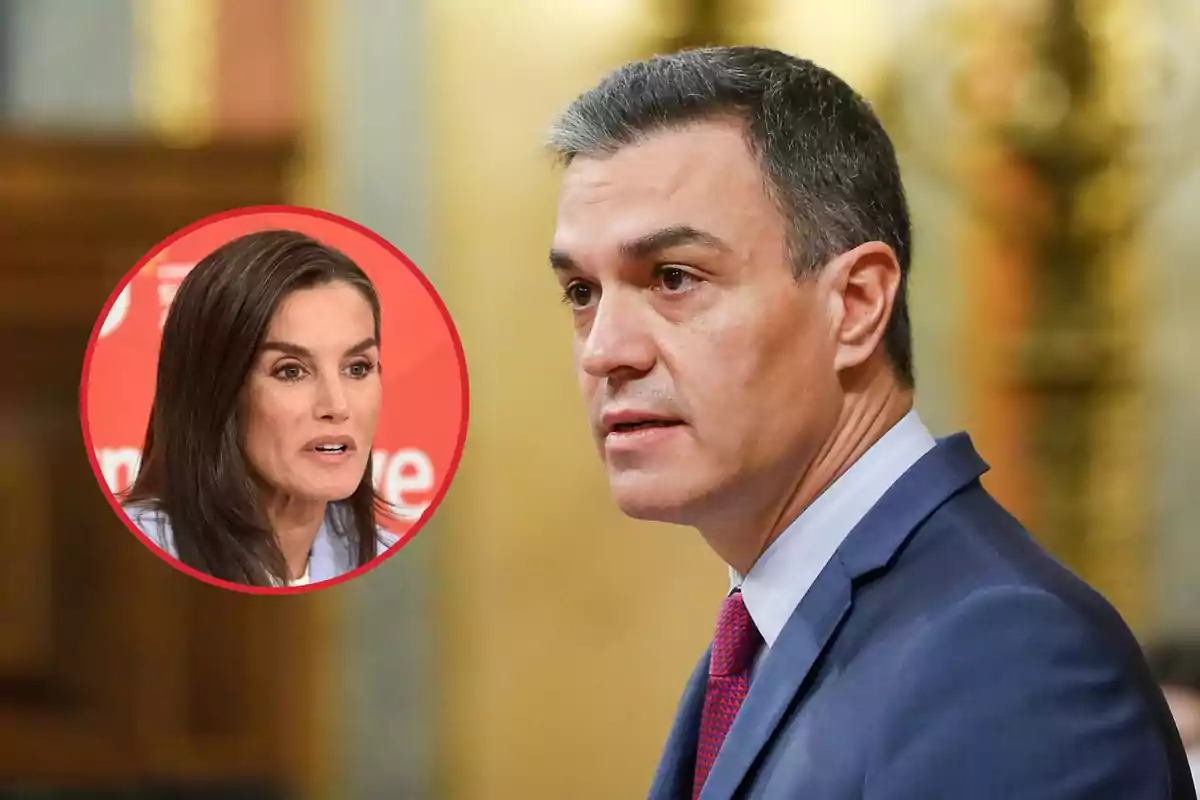 Montaje de Pedro Sánchez, con traje azul marino y corbata roja y azul, con cara seria, y la reina Letizia hablando, dentro de un círculo rojo