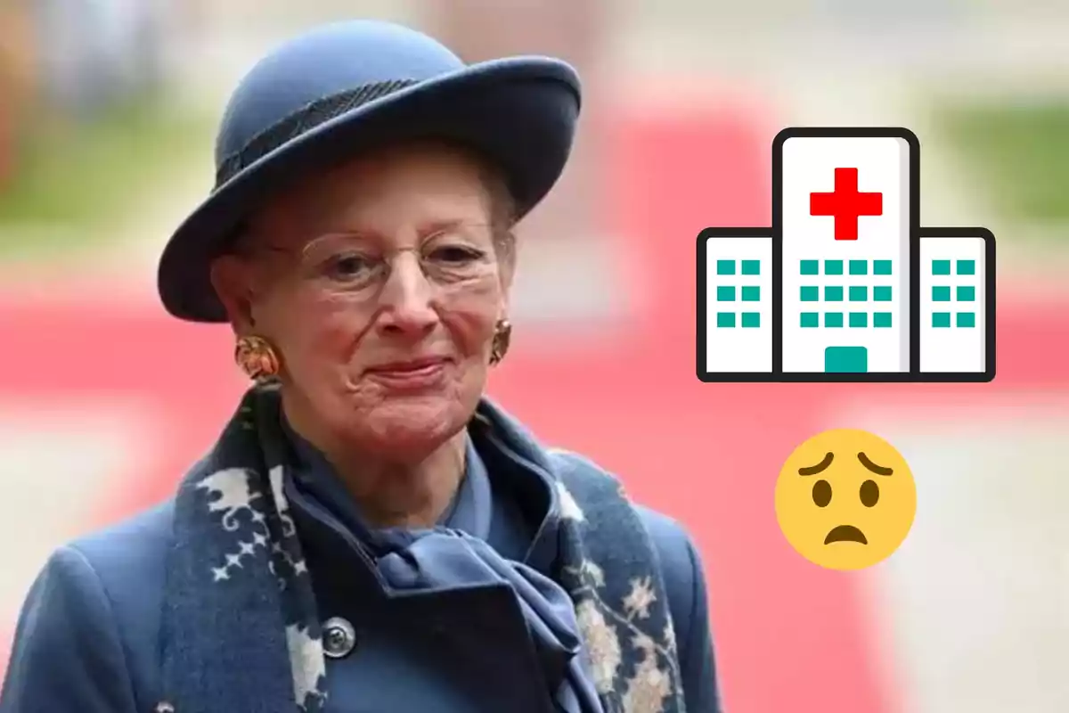 La reina Margarita de Dinamarca con sombrero y bufanda, junto a un ícono de hospital y un emoji de preocupación.