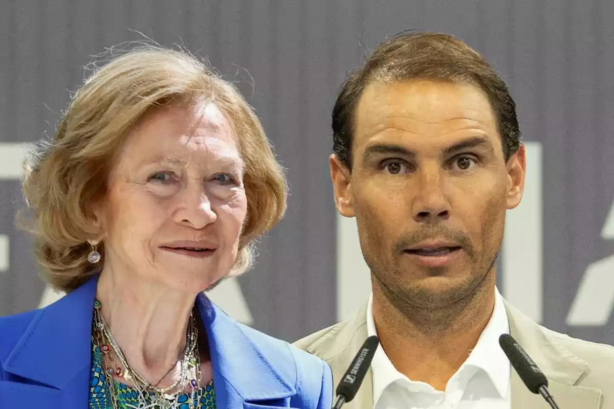 La reina Sofía con cabello rubio y Rafa Nadal con cabello corto están juntos en la imagen, ambos visten ropa formal y están frente a un fondo gris.