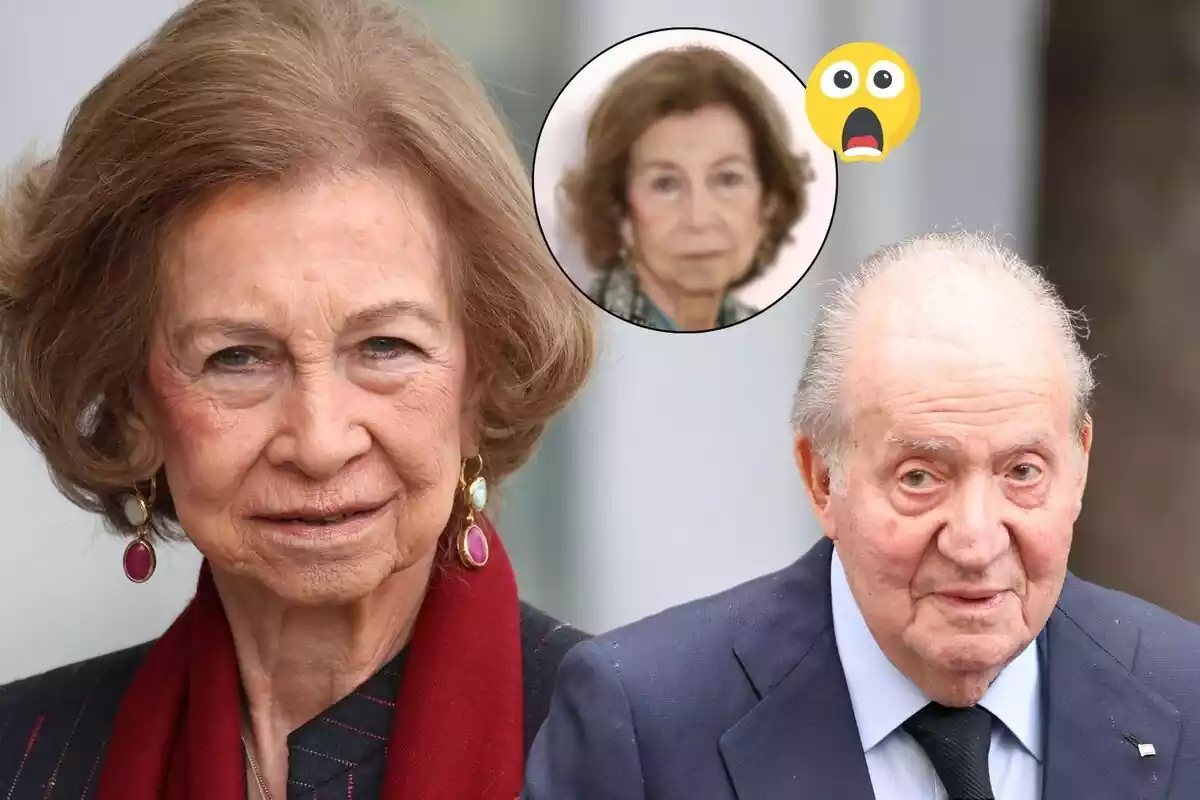 Montaje de la Reina Sofía junto a una imagen de Juan Carlos I y un emoji de sorpresa