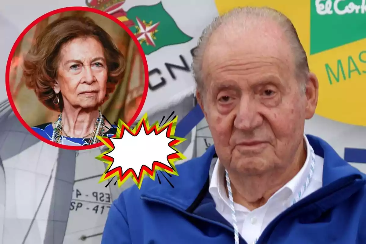 Juan Carlos I con chaqueta azul aparece en primer plano, mientras que en un círculo rojo se muestra a la reina Sofía con expresión seria. Hay un gráfico de explosión en blanco entre ellos.