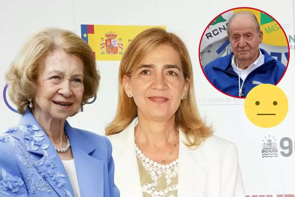 La reina Sofía y la infanta Cristina posan juntas frente a un fondo con un escudo de España y Juan Carlos I aparece en un círculo rojo en la esquina superior derecha.